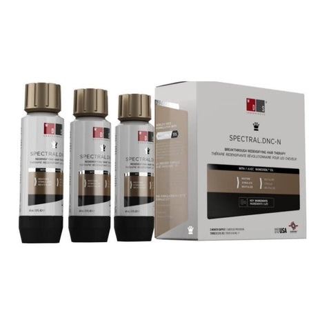Ds Spectral Dnc-N anti-hair loss treatment bottles by Jag Couture London displayed in a set of three 60ml bottles.