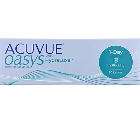 Acuvue Oasys Hydraluxe daily contact lenses in size 8.5, -3.75 strength, 30 lenses in a blister pack.