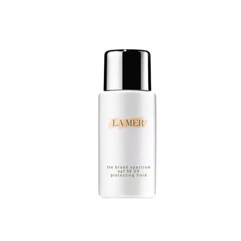 Jag Couture London New York La Mer SPF50 UV Protecting Fluid 50ml bottle with pump and protective cap on a white background.