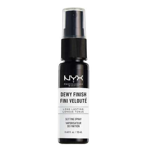 Mini Nyx Dewy Finish Setting Spray by Jag Couture London, showing the 18ml spray bottle with a clear, dewy finish design.