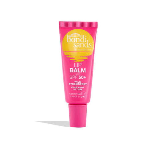 Bondi Sands SPF50+ lip balm in Wild Strawberry flavor, 10g, featuring nourishing formula and vibrant packaging.