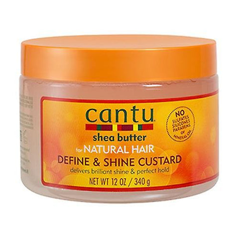Cantu Define and Shine Custard for natural hair, 340g, in a jar with product label, suitable for curly and textured hair.