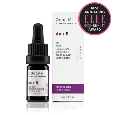 Odacité Ac+R Acai Rose Facial Serum Concentrate in 5ml bottle, featuring a clear glass container with a dropper cap.