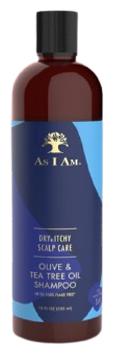 Jag Couture London As I Am Dry and Itchy Olive Tea Tree Oil Shampoo 355ml bottle with label and pump dispenser.