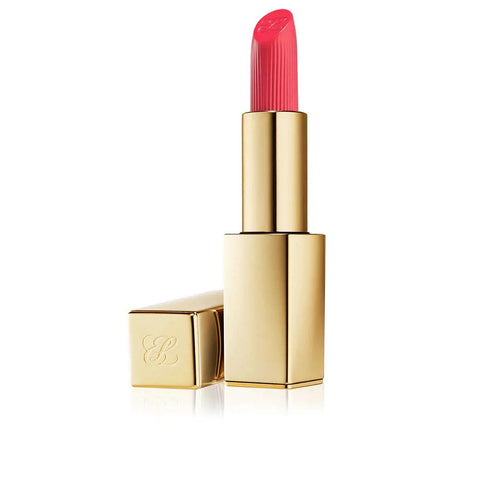 Estée Lauder Pure Color Creme Lipstick in Defiant Coral, 3.5g, with a sleek lipstick tube and coral shade visible.