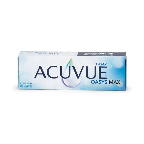 Acuvue Oasys MAX 1-Day contact lenses in box with 30 lenses, featuring BC 8.5 and -4.00 prescription, by Jag Couture London.