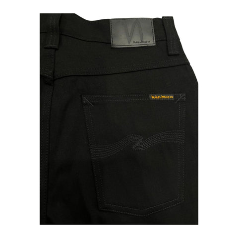 Jag Couture London-New York Nudie Jeans NJ3088 SlimJim NeroBlack denim jeans displayed flat with visible stitching and pockets.