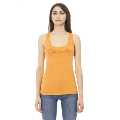 Just Cavalli beachwear D40151GRBC orange bikini top with floral pattern, displayed on a hanger.