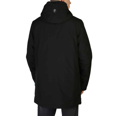 Save The Duck YOTAM-D40772M black insulated puffer jacket on a hanger, showcasing its sleek design and lightweight construction.