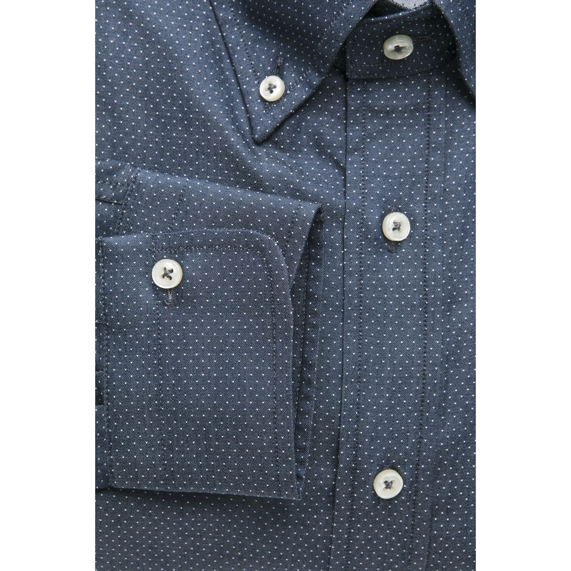 Navy and white Robert Friedman Ralph shirt by Jag Couture London New York, shown with the fabric and collar details.