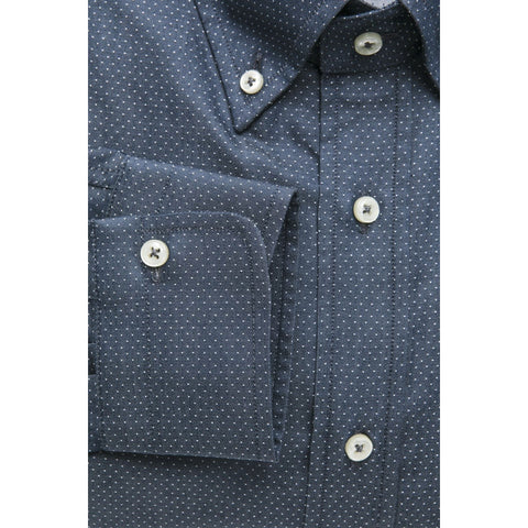 Navy and white Robert Friedman Ralph shirt by Jag Couture London New York, shown with the fabric and collar details.
