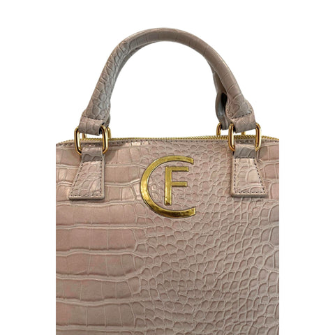 Cristinaeffe CF24FW023_GRIGIO handbag by Jag Couture London - New York in gray leather with silver hardware, front logo detail.