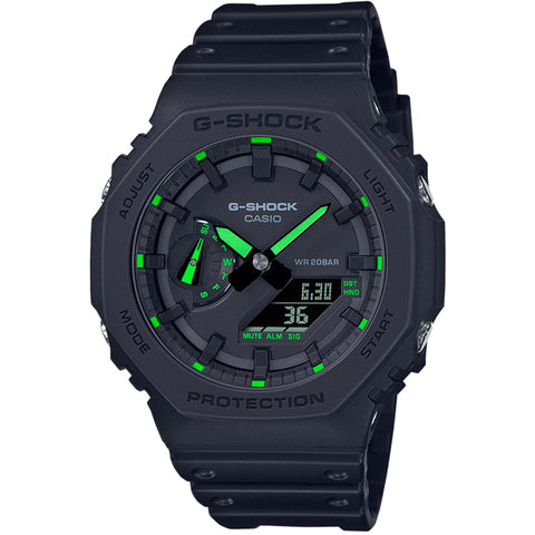 Casio G-Shock GA-2100-1A3ER watch with black resin strap and digital-analog display, shown on a white background.