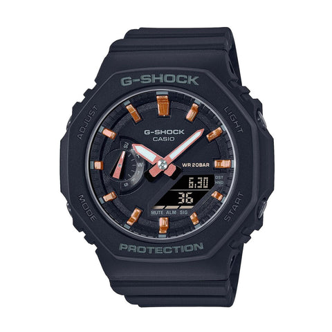 Casio GMA-S2100-1AER digital watch with black resin band and digital display, featuring sporty design and durable build