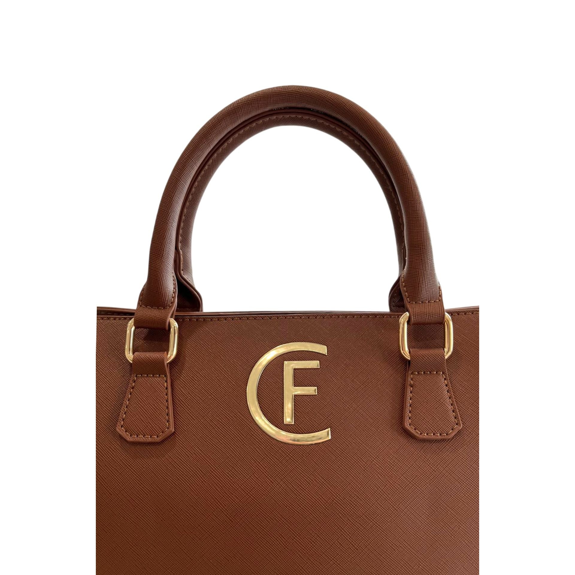 Cristinaeffe CF24FW022_TORTORA handbag by Jag Couture London - New York, in taupe fabric with leather accents and gold hardware.