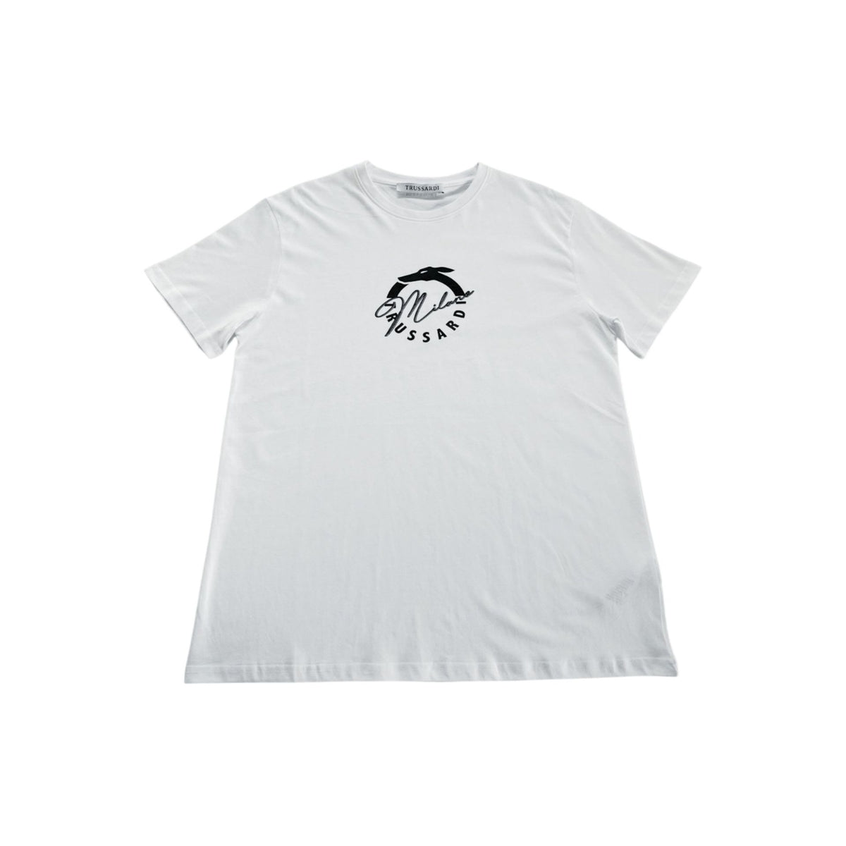 White Trussardi Beachwear TRU25MTS01 displayed on model, featuring stylish design and comfortable fit for beach or poolside wear.