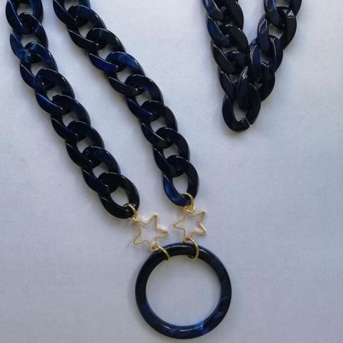 Jag Couture London - New York Farmamoda sapphire blue glass necklace featuring a delicate chain and vibrant blue glass pendant.