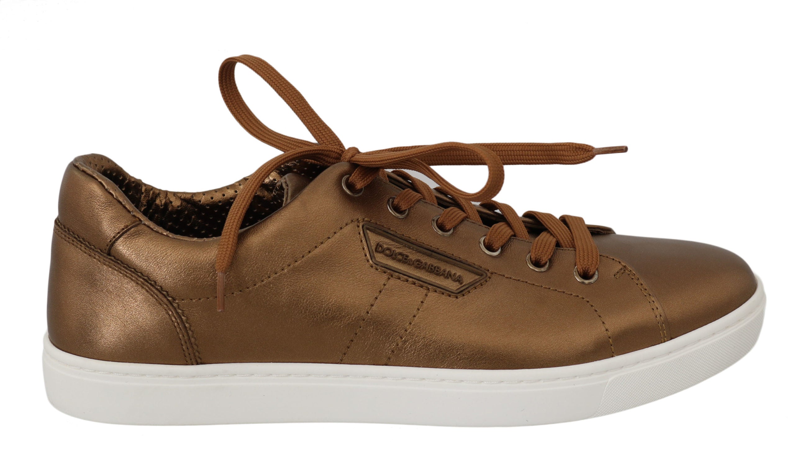 Gold leather men's casual sneakers by Dolce & Gabbana with sleek design and stylish laces.
