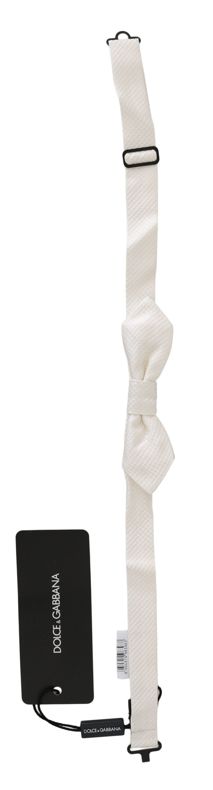 White 100% silk slim adjustable neck bow tie for men by Dolce & Gabbana, featuring a refined and elegant design.