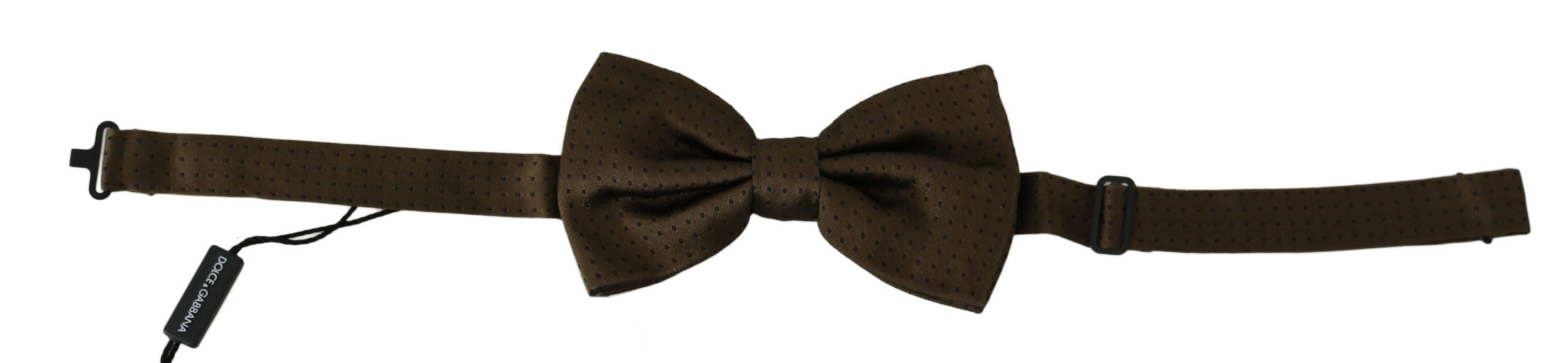 Brown silk bow tie with polka dots, adjustable neck strap, designed for men by Dolce & Gabbana.