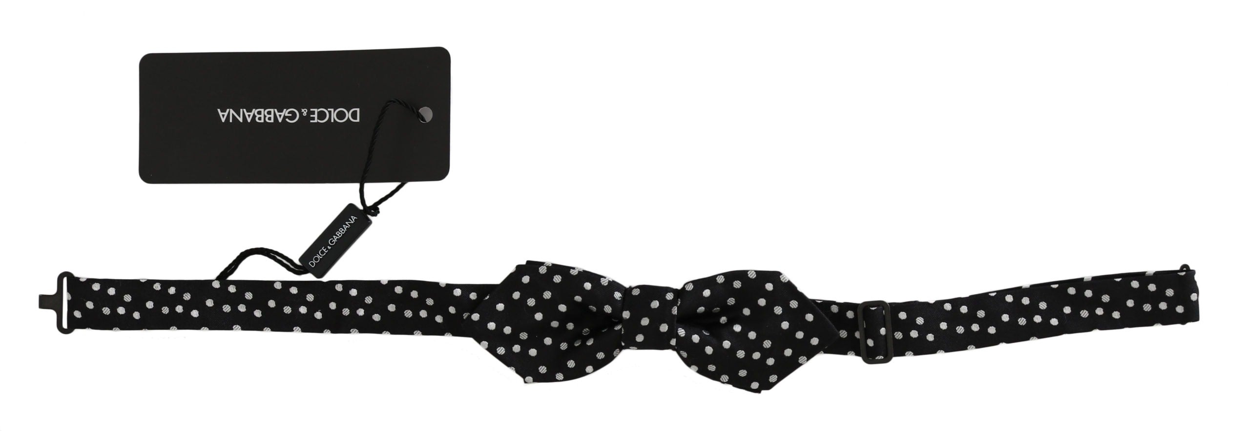 Black silk bow tie with polka dots, adjustable neck strap, by Dolce & Gabbana, designed for men's formal wear.