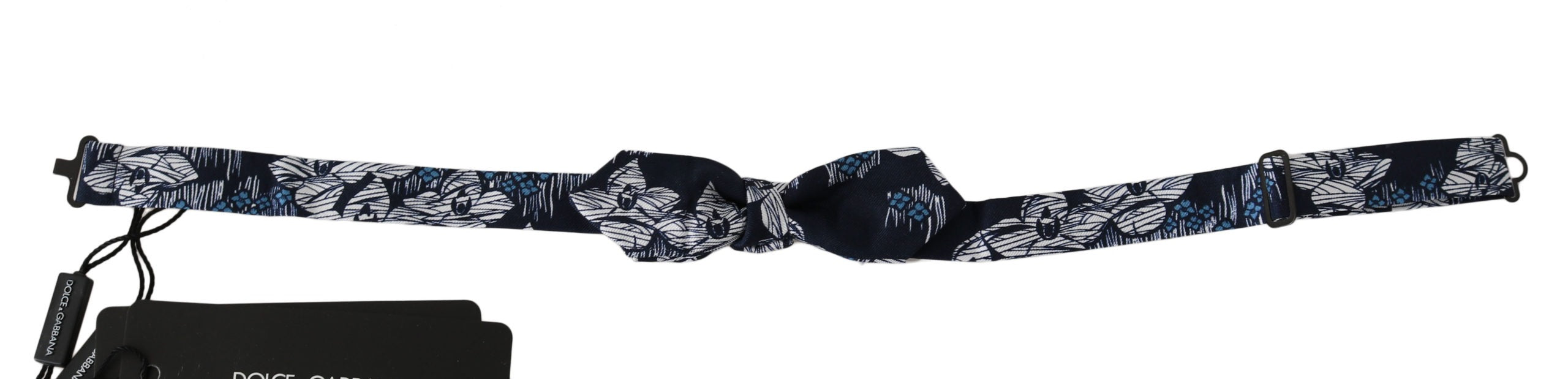 Navy blue floral slim adjustable bow tie for men by Dolce & Gabbana, featuring elegant floral pattern and classic design.