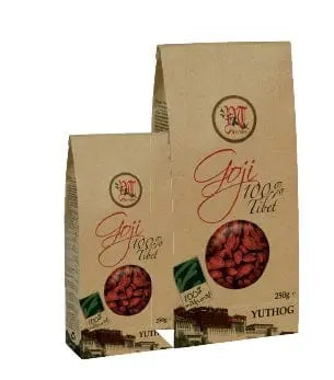 A 250g package of 100% Natura Baya Goji by Yuthog, featuring dried goji berries in a clear bag, branded by Jag Couture London New York.