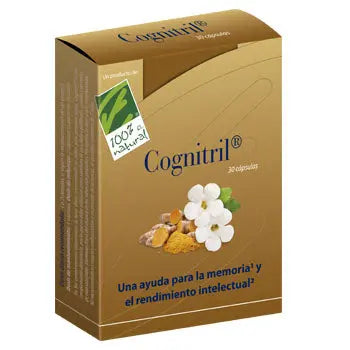 Box of 30 Natura Cognitril capsules by 100%natura, featuring natural supplement packaging with capsule details and branding.
