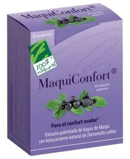 Bottle of 100% Natura Maquiconfort capsules by Jag Couture London, featuring 30 vegan softgel capsules on a white background.