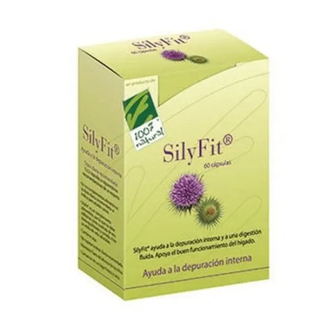 Bottle of 100% Natura Silyfit 60 capsules by Jag Couture London featuring natural supplement capsules on a white background.