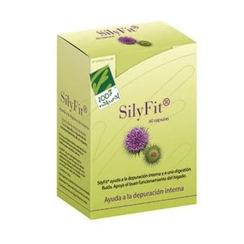 Bottle of 100% Natura Silyfit dietary supplement capsules by Jag Couture London featuring 60 yellow caps on a white background.