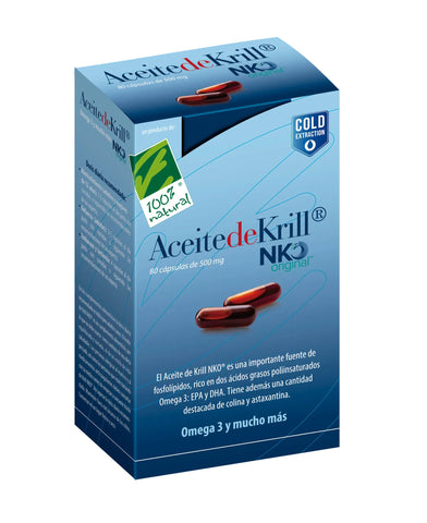 Bottle of 100% Natura Krill Oil NKO capsules, 80 softgels of 500 mg, by Jag Couture London New York, with label details visible.