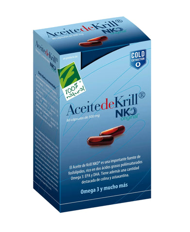 Bottle of 100% Natura Aceite De Krill NKO capsules by Jag Couture London New York, showing the supplement's label and cap.