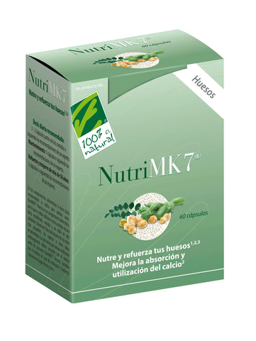 Jar of 60 capsules of 100%natura Nutrimk7 Huesos supplement by Jag Couture London New York with label visible.