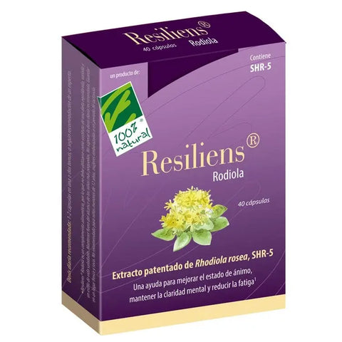 Bottle of 100% Natura Resiliens Rhodiola capsules by Jag Couture London New York, featuring 40 capsules in a clear container.