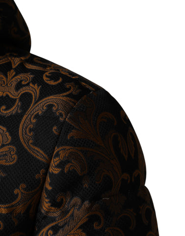 Black Floral Jacquard Quilted Hooded Jacket