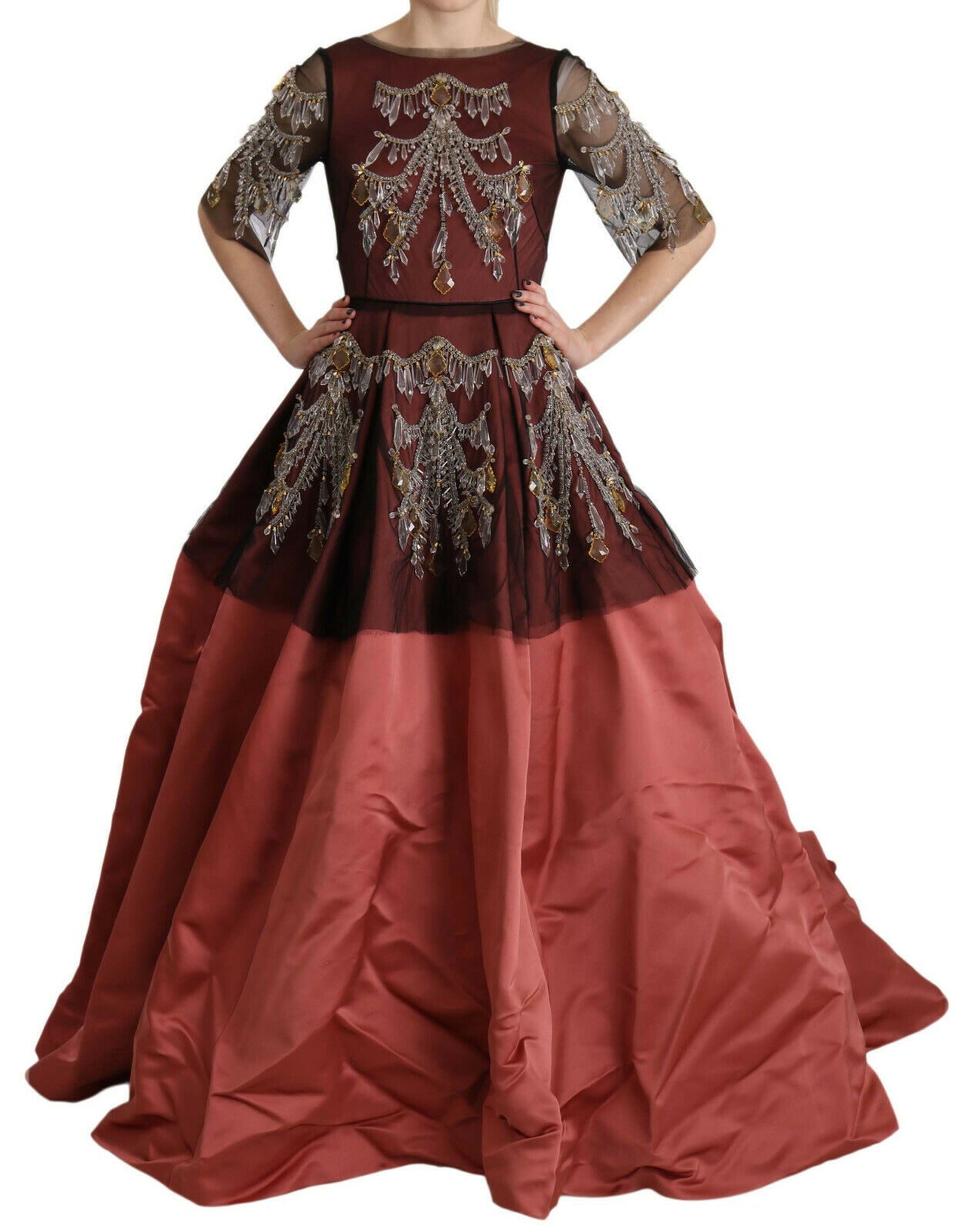 Elegant silk princess gown by Dolce & Gabbana featuring a crystal chandelier-inspired design and flowing fabric.