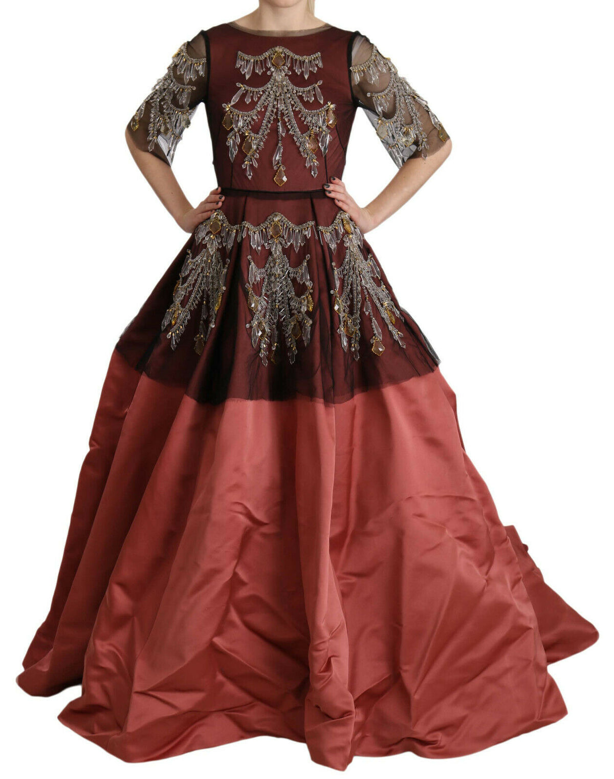 Elegant silk princess gown by Dolce & Gabbana featuring a crystal chandelier-inspired design and flowing fabric.