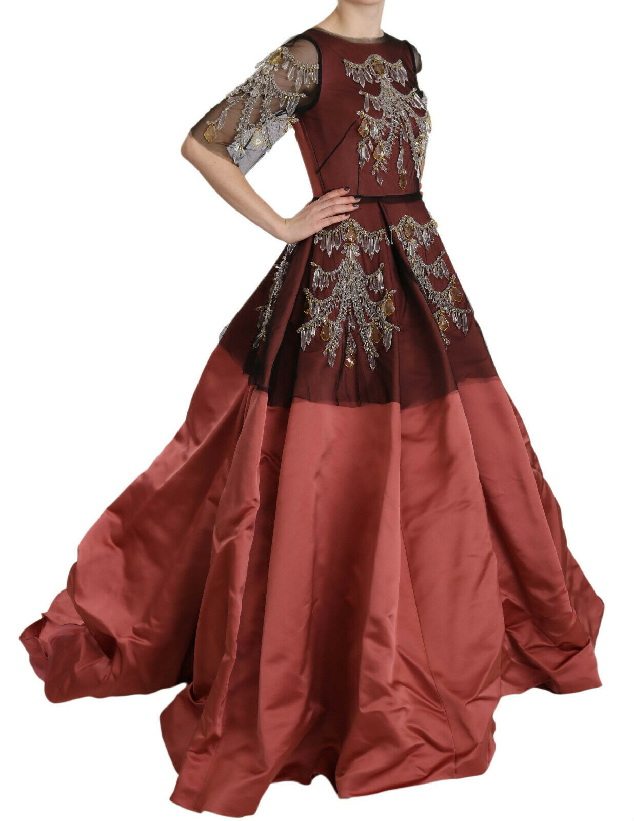 Elegant silk princess gown by Dolce & Gabbana featuring a crystal chandelier-inspired design and intricate detailing.