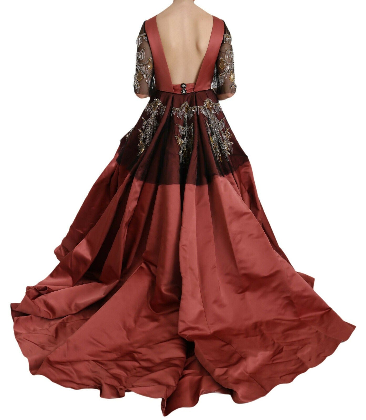 Elegant silk princess gown by Dolce & Gabbana featuring a crystal chandelier-inspired design and flowing fabric.