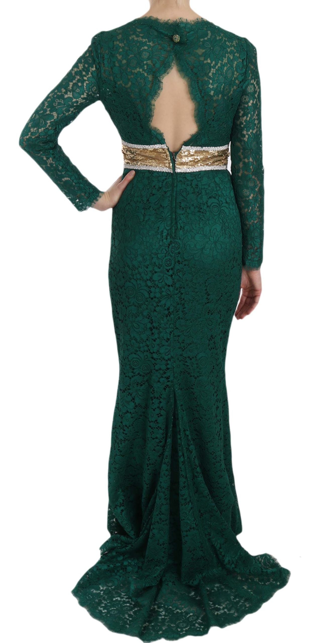 Elegant Dolce & Gabbana crystal gold belt lace sheath gown dress with intricate lace details and shimmering gold accents.