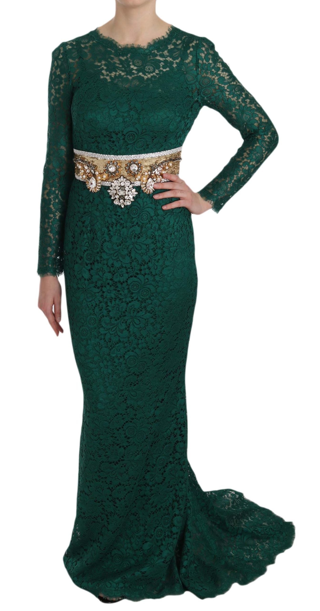 Elegant Dolce & Gabbana crystal gold belt lace sheath gown dress with intricate lace details and a fitted silhouette.