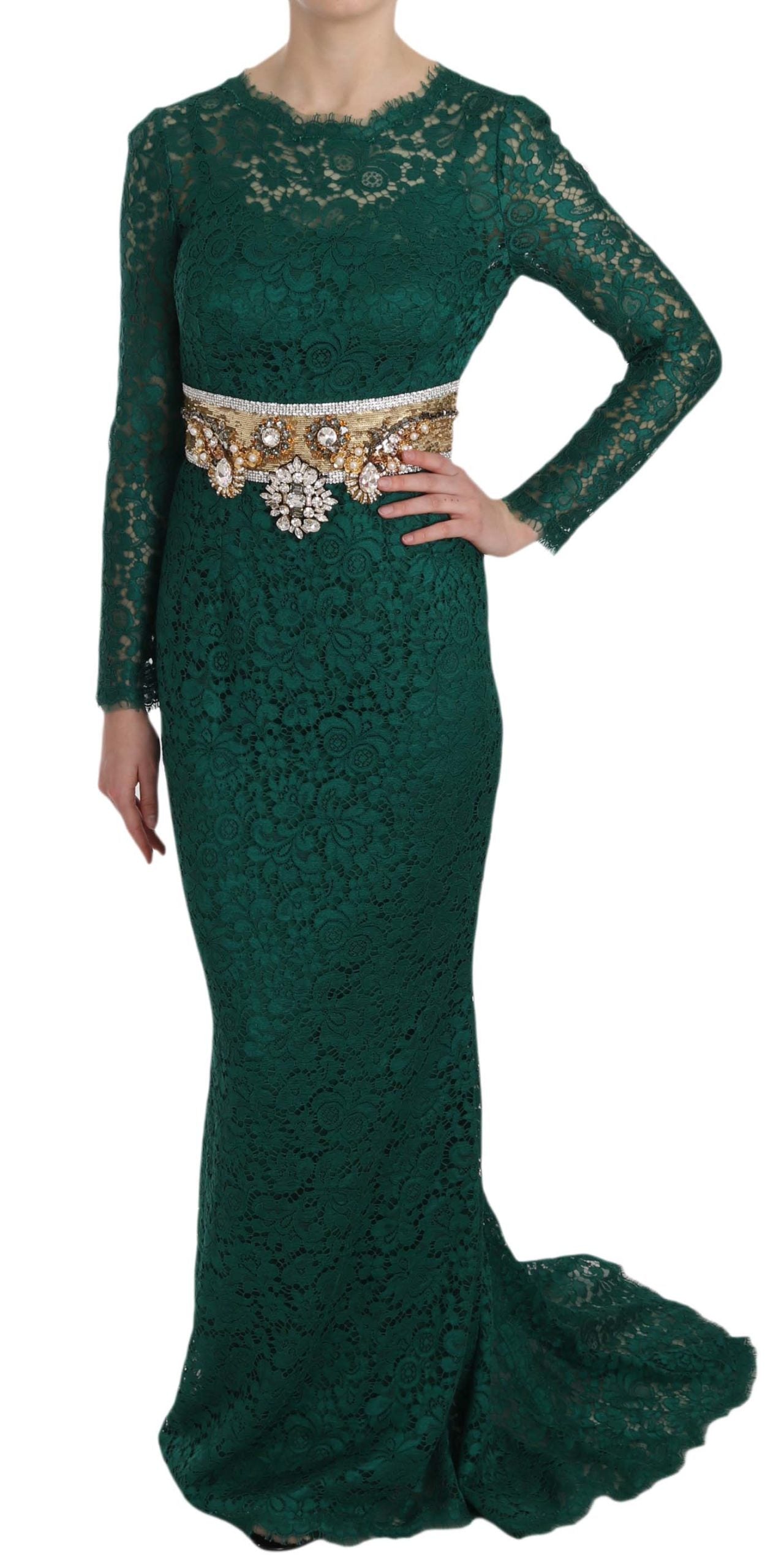 Elegant crystal gold belt lace sheath gown dress by Dolce & Gabbana, featuring intricate lace details and a fitted silhouette.