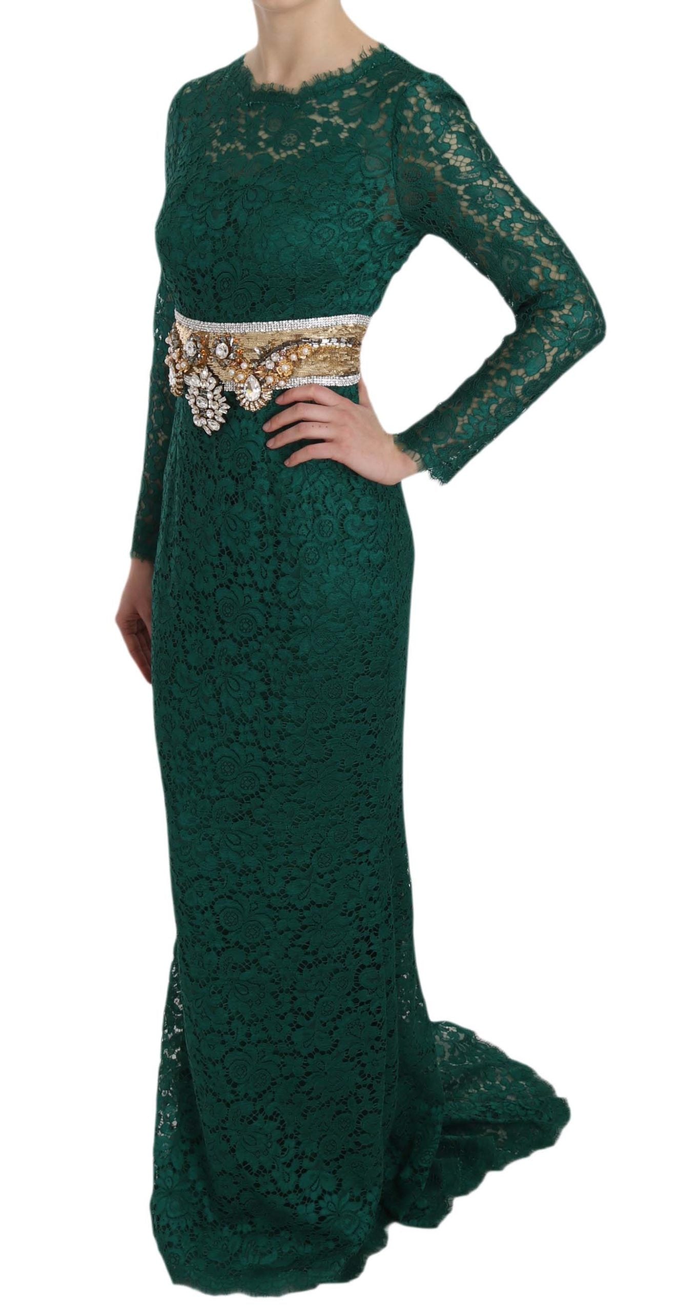 Elegant crystal gold belt lace sheath gown dress by Dolce & Gabbana, featuring intricate lace detailing and a fitted silhouette.
