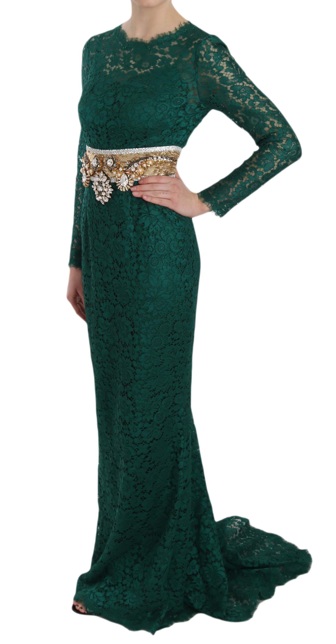 Elegant crystal gold belt lace sheath gown dress by Dolce & Gabbana featuring intricate lace details and a fitted silhouette.