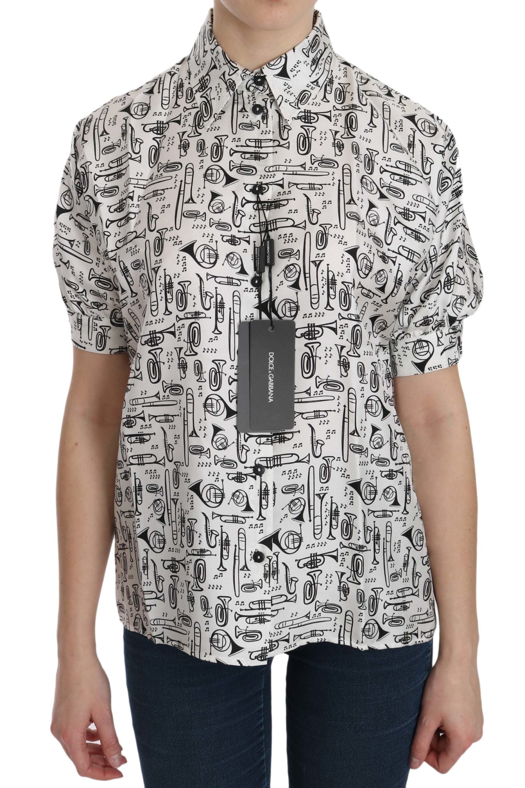 White Dolce & Gabbana collared blouse with musical instrument print, stylish and elegant for sophisticated outfits.