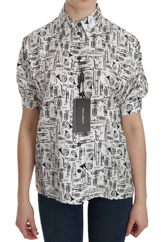 White Dolce & Gabbana collared blouse with musical instrument print, stylish and elegant for sophisticated outfits.
