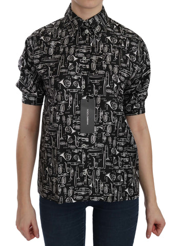 Black Dolce & Gabbana musical instrument-inspired collared blouse shirt with button details and long sleeves.