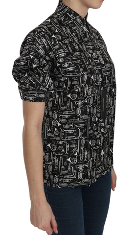 Black collared blouse shirt with musical instrument pattern by Dolce & Gabbana, featuring a stylish and sophisticated design.