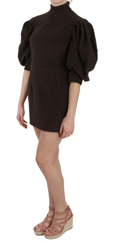 Brown corduroy bodycon cotton mini dress by Dolce & Gabbana, fitted design with long sleeves and a scoop neckline.